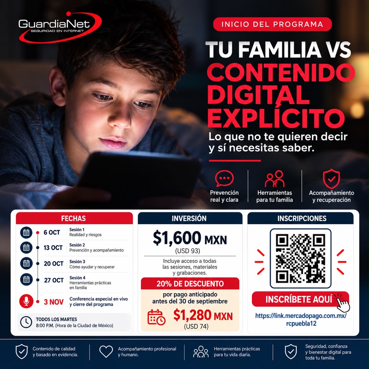 Póster del programa Tu familia vs contenido digital explícito: sesiones del 6 de octubre al 3 de noviembre de 2026